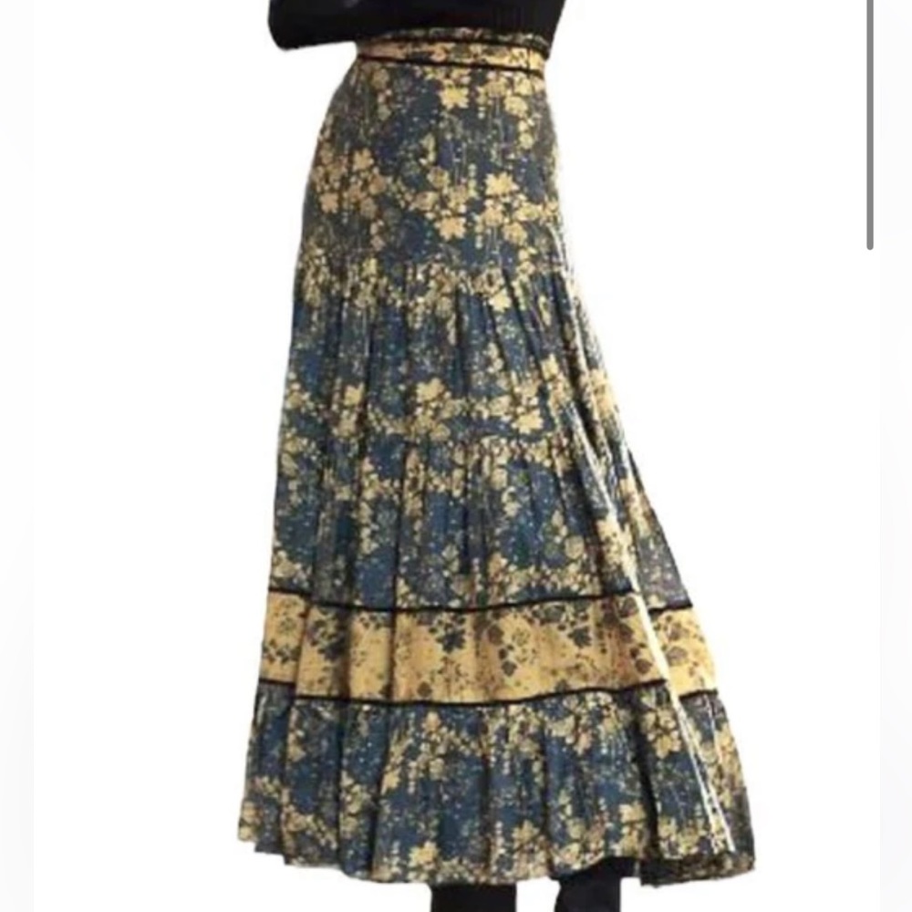 Carolina K Catalina Midnight Turmeric Roses Cotton Tiered Maxi Skirt NWT,Size XS